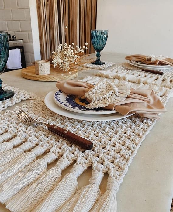 Macrame Set Of Coasters, Placement Mats And Napkin Holder - Leechoo